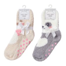 43B894: Girls 2 Pack Chenille Popcorn Cosy Socks With Grippers