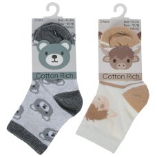 44B1043: Baby Unisex 3 Pack Cotton Rich Design Ankle Socks (Assorted Sizes)
