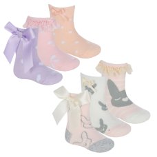 44B1050: Baby Girls 3 Pack Cotton Rich Design Ankle Socks With Bow/ Frill (Assorted Sizes)