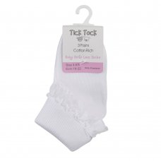 44B269: Baby Girls 3 Pack White Frilly Lace TOT Socks-Assorted