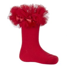 44B882: Baby Girls 1 Pair Tutu Frill Socks With Bow - Red