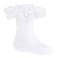 44B931: Baby Girls 1 Pair Organza Ribbon Frill Socks - White