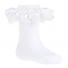 44B931: Baby Girls 1 Pair Organza Ribbon Frill Socks - White