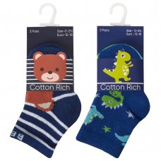 44B973: Baby Boys 3 Pack Cotton Rich Design Ankle Socks (Assorted Sizes)