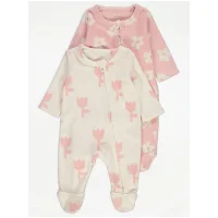 GX564: Baby 2 Pack Flower 2 Way Zip Fasten Fleece Sleepsuits (0-24 Months)