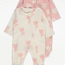 GX564: Baby 2 Pack Flower 2 Way Zip Fasten Fleece Sleepsuits (0-24 Months)
