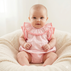 BIS-2120-6162P:  Baby Girls Broderie Anglaise Romper- Pink (NB-6 Months)