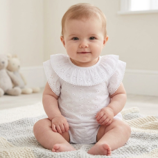 BIS-2120-6162W:  Baby Girls Broderie Anglaise Romper- White (NB-6 Months)