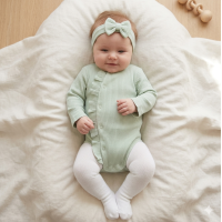 BIS-2120-6176: Baby Girls Ribbed Romper & Headband Set- Sage (0-12 Months)