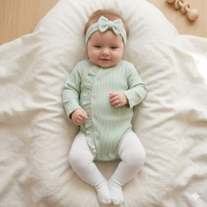 BIS-2120-6176: Baby Girls Ribbed Romper & Headband Set- Sage (0-12 Months)