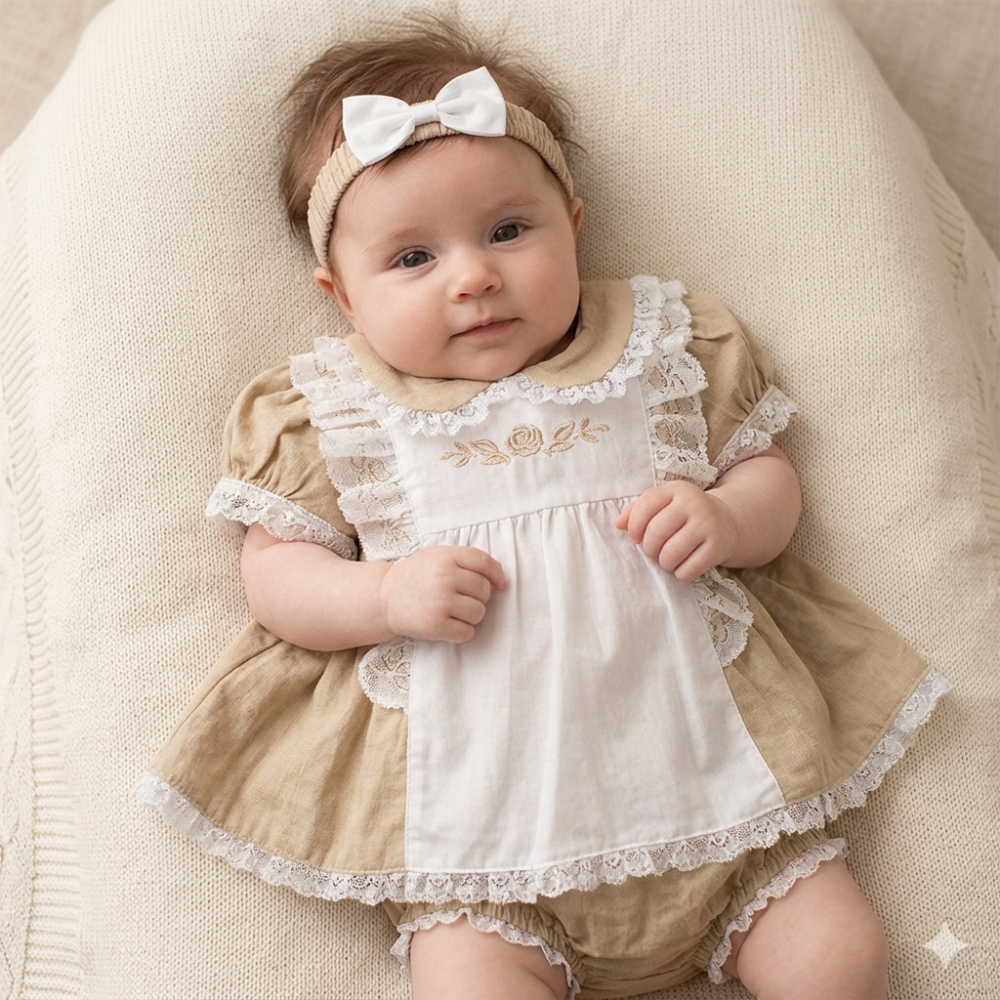 BIS-2120-6263: Baby Linen Dress, Pant & Headband Set (NB-6 Months) BIS-2120-6263: Baby Linen Dress, Pant & Headband Set (NB-6 Months)