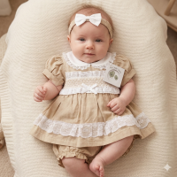 BIS-2120-6264: Baby Linen Dress, Pant & Headband Set  (NB-6 Months)