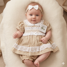 BIS-2120-6264: Baby Linen Dress, Pant & Headband Set  (NB-6 Months)