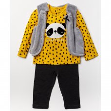 A24530: Baby Girls Fur Gilet, Panda Print Top & Legging Outfit (3-24 Months)