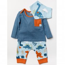 A24775: Baby Boys Dinosaur Organic Cotton Top, Jog Pant & Bib Outfit (0-18 Months)