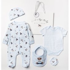 A24785: Baby Boys Bear 6 Piece Mesh Bag Gift Set (NB-6 Months)