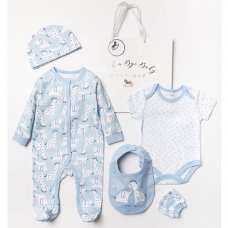 A24787: Baby Boys Elephant & Giraffe 6 Piece Mesh Bag Gift Set (NB-6 Months)