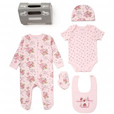 AQMT4P: Baby Girls Pink Floral 6 Piece Mesh Bag Gift Set (NB-6 Months)