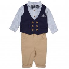 B03754: Baby Boys Bodysuit Shirt With Mock Waistcoat, Bow Tie & Chino Pant Outfit (3-24 Months)