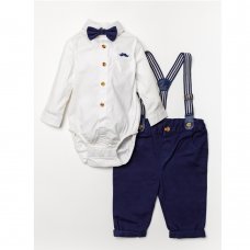 B03758: Baby Boys Bodysuit Shirt With Bow Tie & Chino Pant With Braces Outfit (0-18 Months)