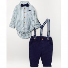 B03760: Baby Boys Bodysuit Shirt With Bow Tie & Chino Pant With Braces Outfit (0-18 Months)