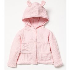 B03799: Baby Pink Cotton Knit Bear Hooded Cardigan (0-12 Months)