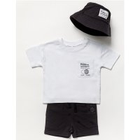 B03804: Baby Boys Drop Shoulder T-Shirt, Short & Bucket Hat Outfit  (3 Months - 3 Years)