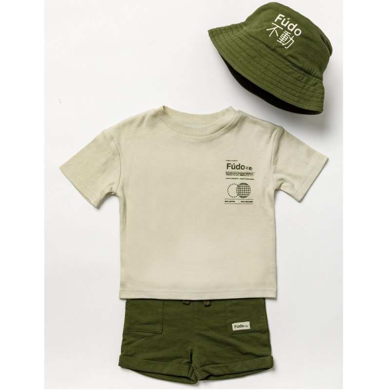 B03805: Baby Boys Drop Shoulder T-Shirt, Short & Bucket Hat Outfit  (3 Months - 3 Years)