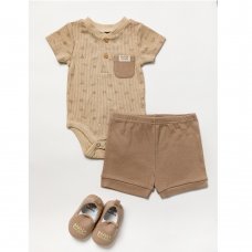 B03811: Baby Boys 3 Piece Ribbed Outfit With Shoes (0-9 Months)