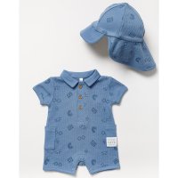 B03906: Baby Boys Waffle Collared Romper & Sun Hat (0-12 Months)