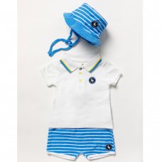 B03919: Baby Boys Terry T-Shirt, Short & Bucket Hat (0-12 Months)