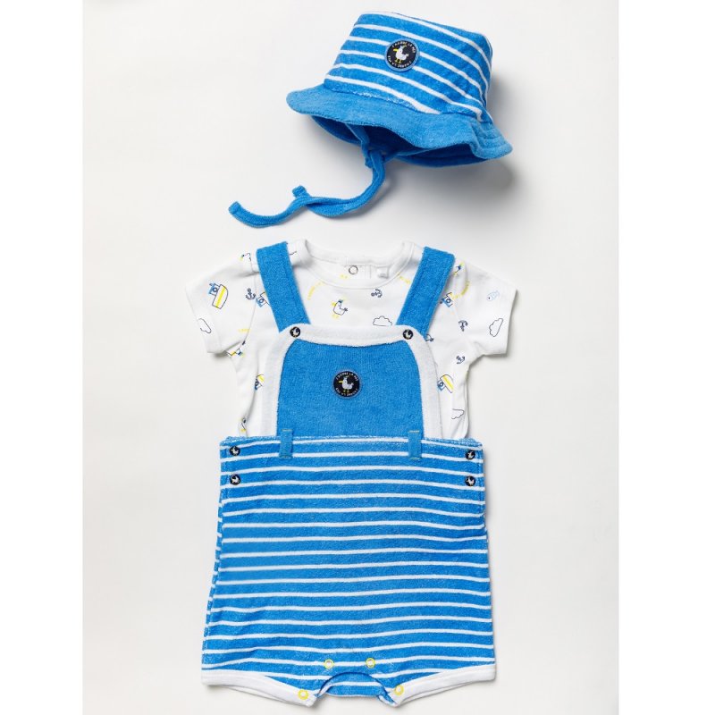 B03922: Baby Boys Jersey T-Shirt, Terry Dungaree & Bucket Hat (0-12 Months)