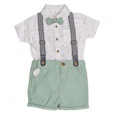B03931: Baby Boys Bodysuit Shirt With Bow Tie & Chino Short With Braces Outfit (3-18 Months)