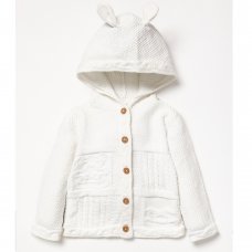 B03935: Baby White Cotton Knit Bear Hooded Cardigan (0-12 Months)
