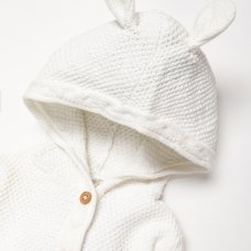 B03935: Baby White Cotton Knit Bear Hooded Cardigan (0-12 Months)
