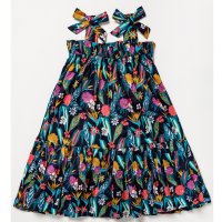 B03947: Girls Tropical Print Tie Shoulder Dress (2-7 Years)