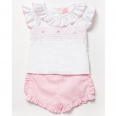 B03970A:  Baby Girls Smocked Top & Stripe Short With Bow  (0-9 Months)