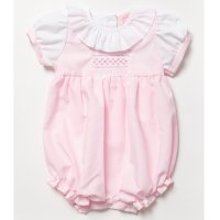 B03986: Baby Girls Smocked Romper With Ruffle Collar (0-9 Months)