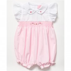 B03989: Baby Girls Smocked Romper With Floral Embroidery (0-9 Months)