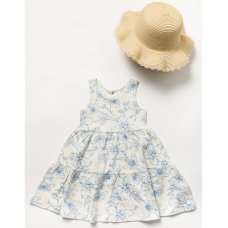 B04217: Girls Dobby Printed Floral Dress & Straw Hat (2-7 Years)