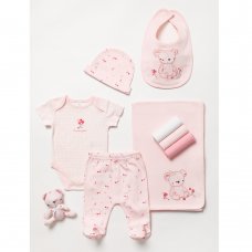 B04227: Baby Girls Floral Bear 10 Piece Mesh Bag Gift Set (NB-6 Months)