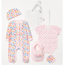 B04279: Baby Girls Floral 6 Piece Mesh Bag Gift Set (NB-6 Months)