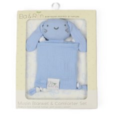 J14007: Baby Muslin Blanket & Comforter Set In A Gift Box- Blue Bunny