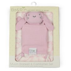 J14009: Baby Muslin Blanket & Comforter Set In A Gift Box- Pink Bunny