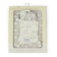 J14011: Baby Muslin Blanket & Comforter Set In A Gift Box- Grey Sheep
