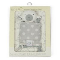 J14012: Baby Muslin Blanket & Comforter Set In A Gift Box- Grey Sheep