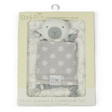 J14012: Baby Muslin Blanket & Comforter Set In A Gift Box- Grey Sheep