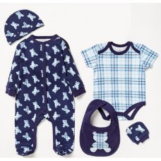 D06223:  Baby Boys Check Bear 6 Piece Mesh Bag Gift Set (NB-6 Months)