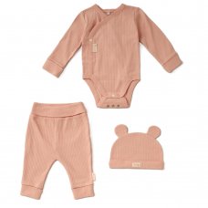 KW05108: Baby Pink Organic 3 Piece Ribbed Outfit (0-6 Months)