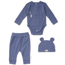 KW05111: Baby Dusky Blue Organic 3 Piece Ribbed Outfit (0-6 Months)